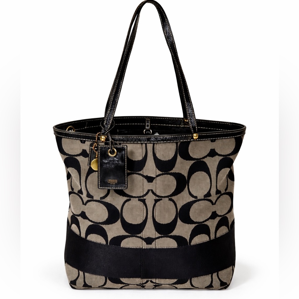 Coach Signature Black Gray Canvas Leather structured logo Shoulder Bag - Picture 9 of 16